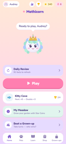 Mathicorn's home screen, with Audrey's unicorn buddy