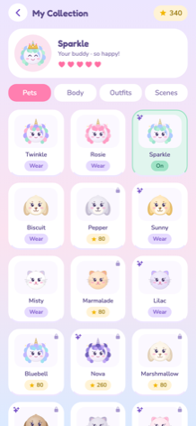 The pet collection screen with unicorns, puppies, and kittens to unlock