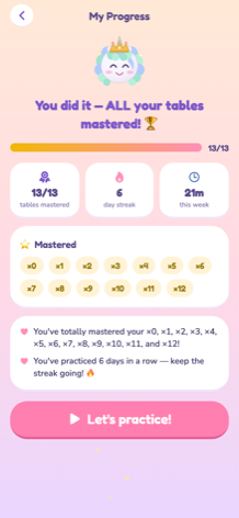 A progress summary screen celebrating all times tables mastered